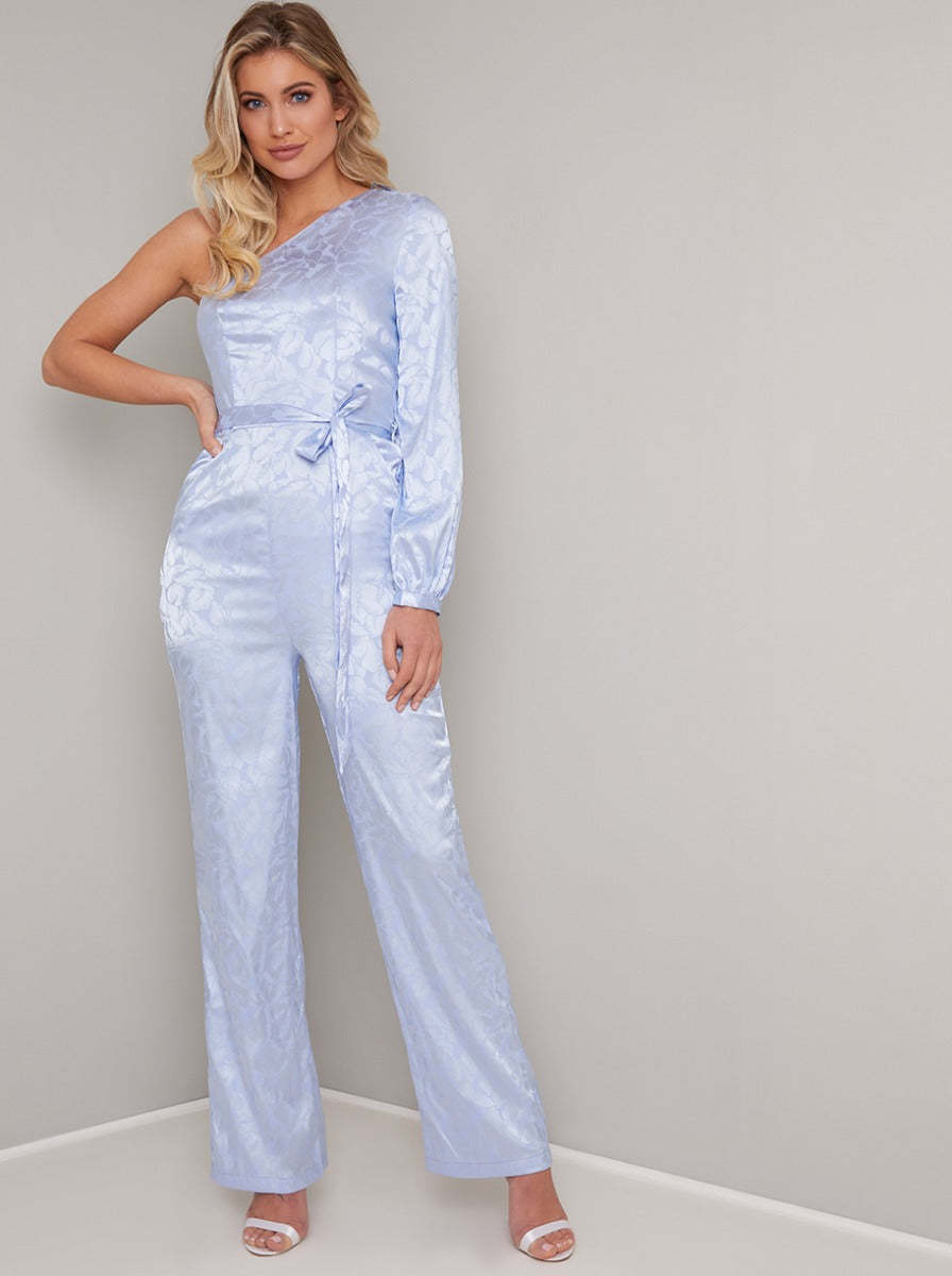 One Shoulder Tie Waist Straight Leg Jumpsuit in Blue