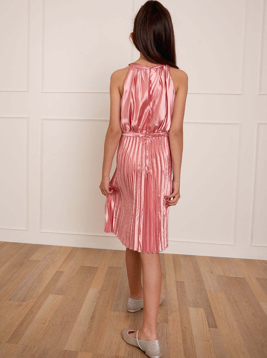 Older Girls Halter Style Pleated Midi Dress in Pink