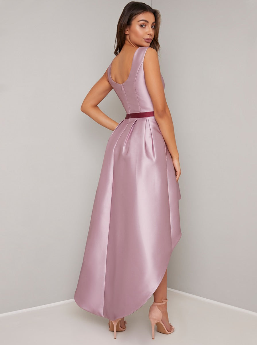 Floral Print Dip Hem Dress with Fitted Bodice in Pink