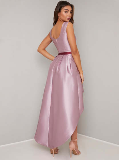 Floral Print Dip Hem Dress with Fitted Bodice in Pink