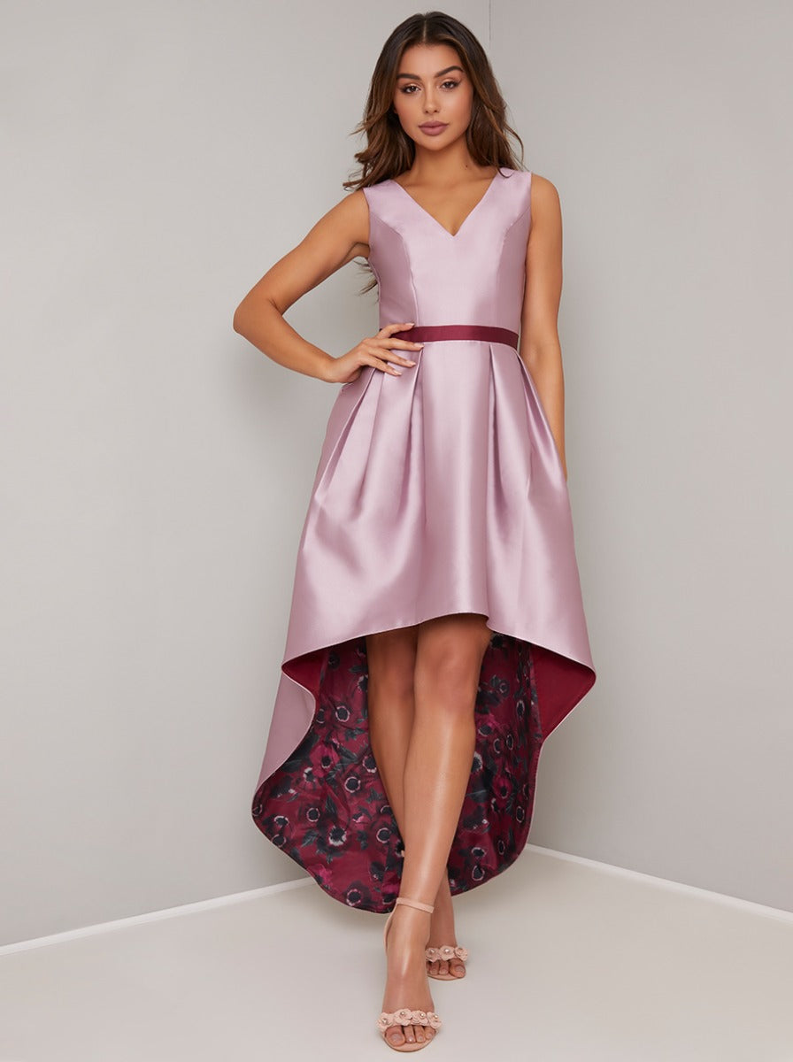 Floral Print Dip Hem Dress with Fitted Bodice in Pink