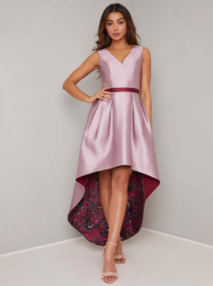 Floral Print Dip Hem Dress with Fitted Bodice in Pink
