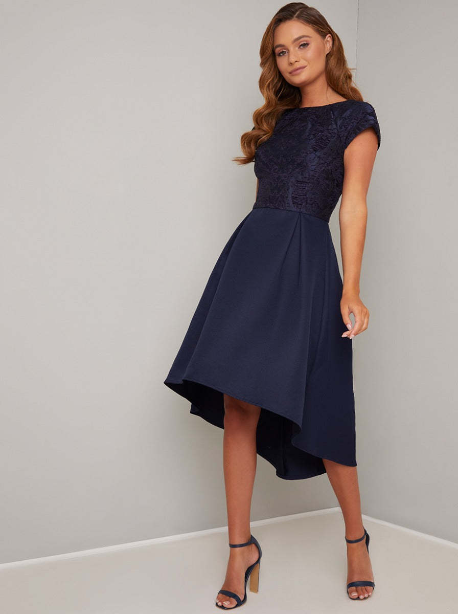 Cap Sleeved Jacquard Dip Hem Midi Dress in Blue