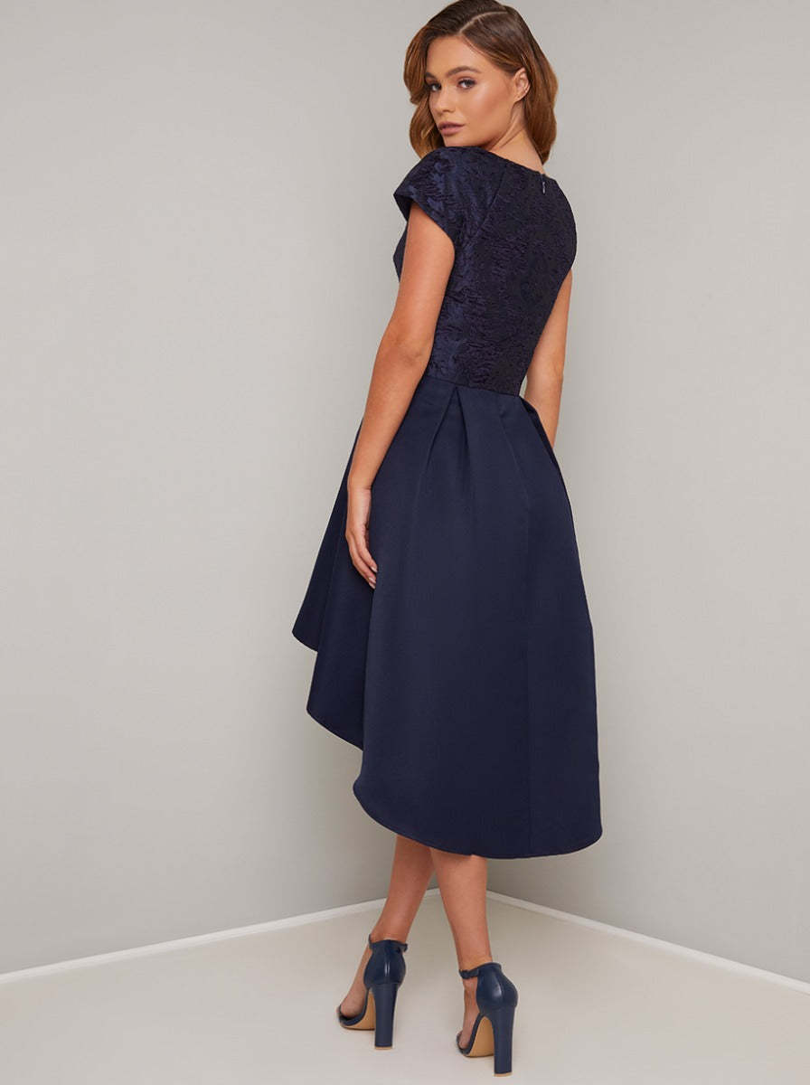 Cap Sleeved Jacquard Dip Hem Midi Dress in Blue