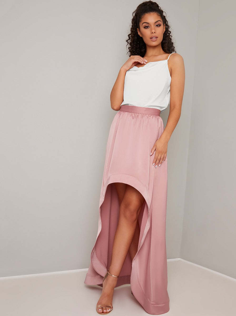 Satin Dip Hem Midi Skirt in Pink