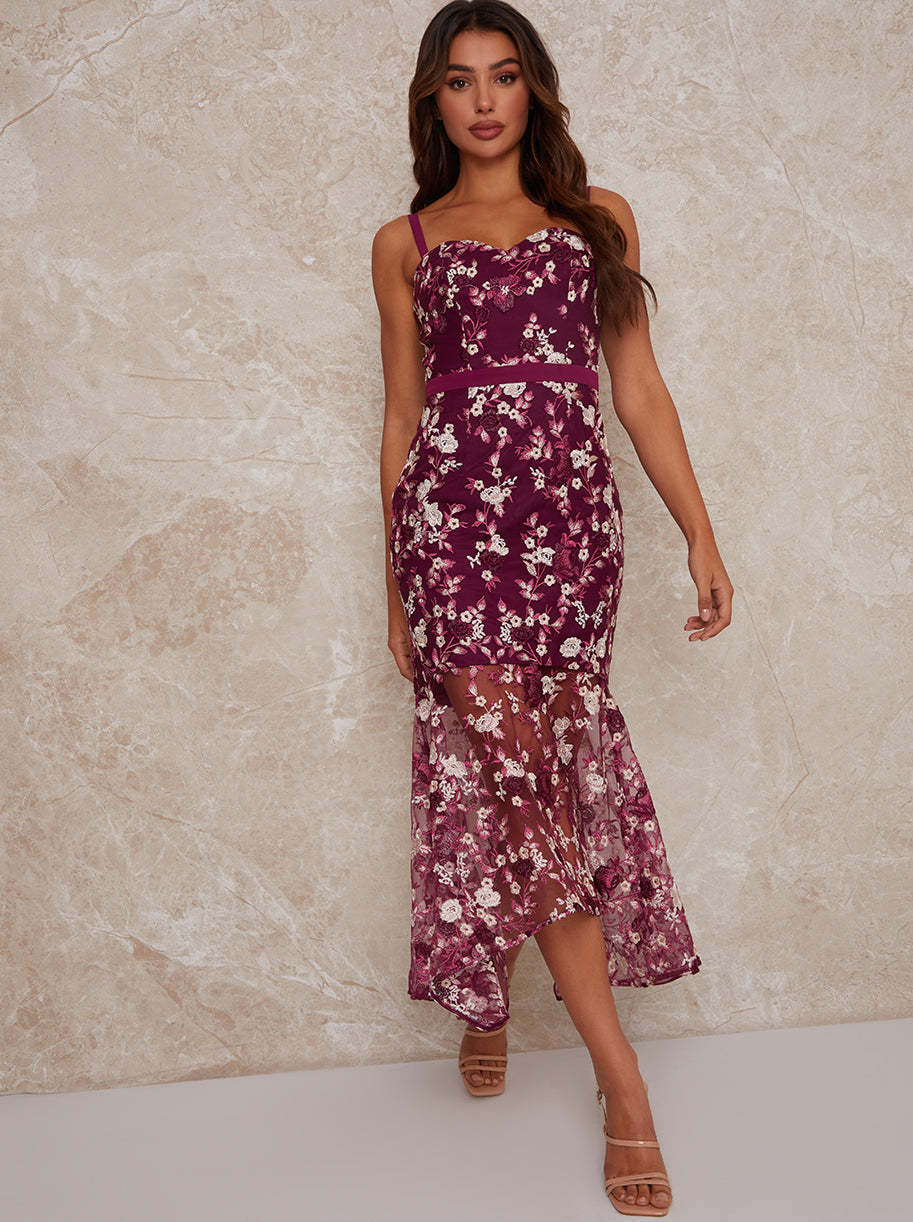 Peplum Embroidered Lace Bodycon Dress in Purple