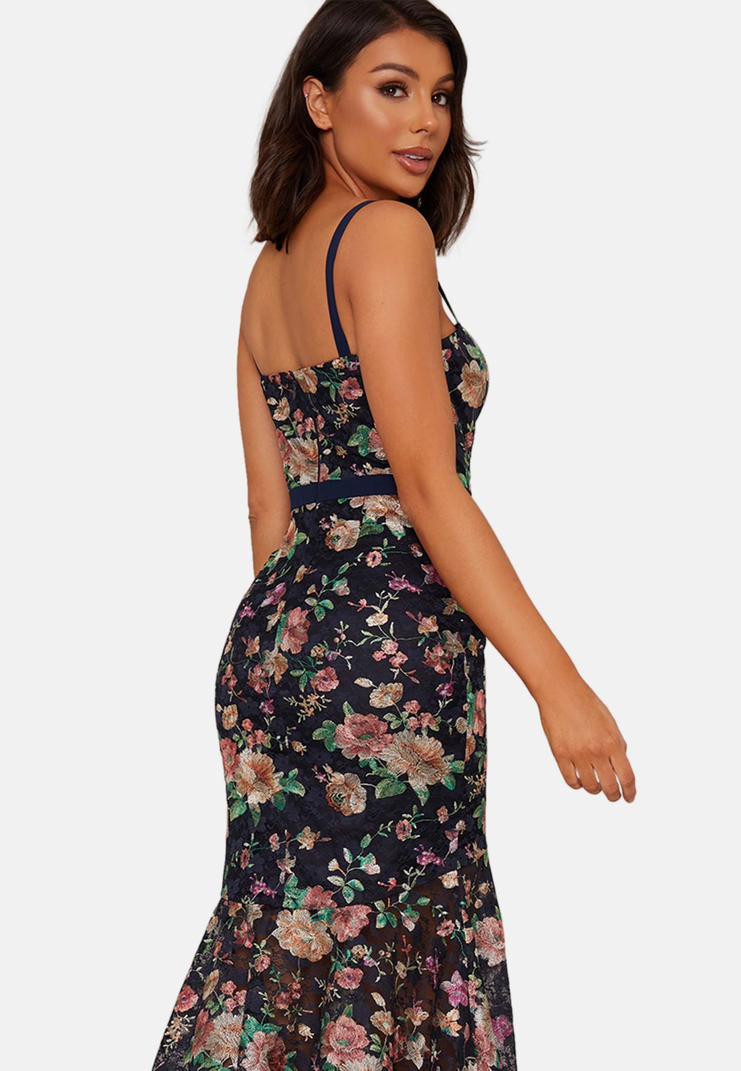 Cami Strap Floral Lace Bodycon Ruffle Hem Dress in Navy Chi Chi London