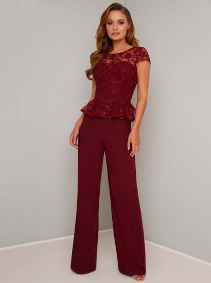 Cap Sleeved Lace Peplum Wide Leg Jumpsuit in Red