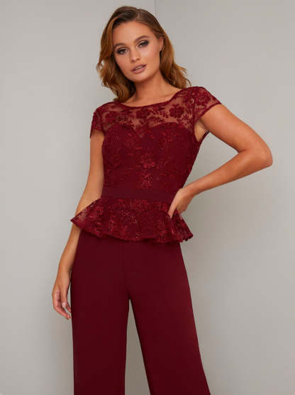 Cap Sleeved Lace Peplum Wide Leg Jumpsuit in Red