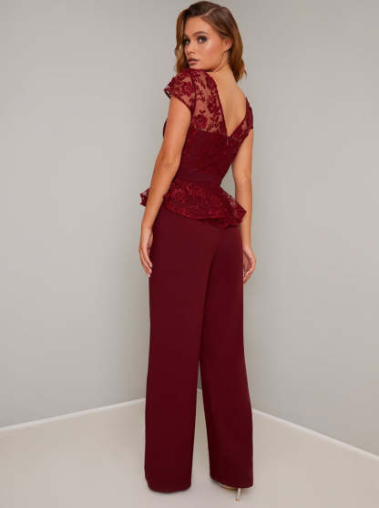 Cap Sleeved Lace Peplum Wide Leg Jumpsuit in Red