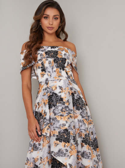 Jaquard Print Maxi Dress with Bardot Neckline