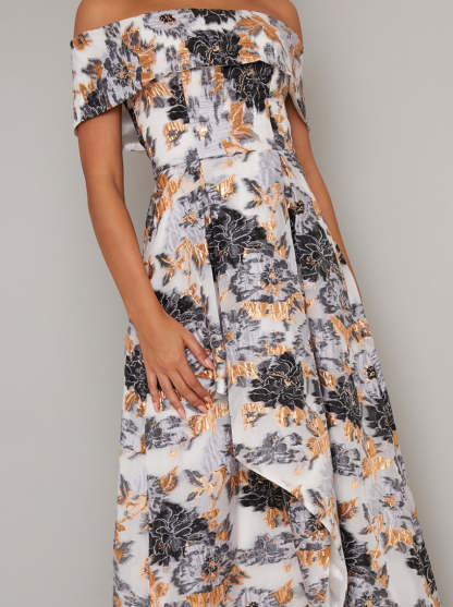 Jaquard Print Maxi Dress with Bardot Neckline