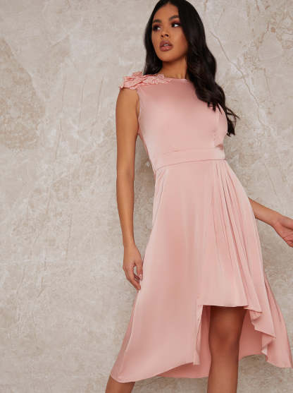 Sleeveless Dip Hem Midi Dress in Rose Gold