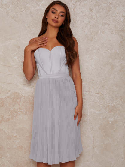 Corset Pleated Skirt Midi Dress in Blue