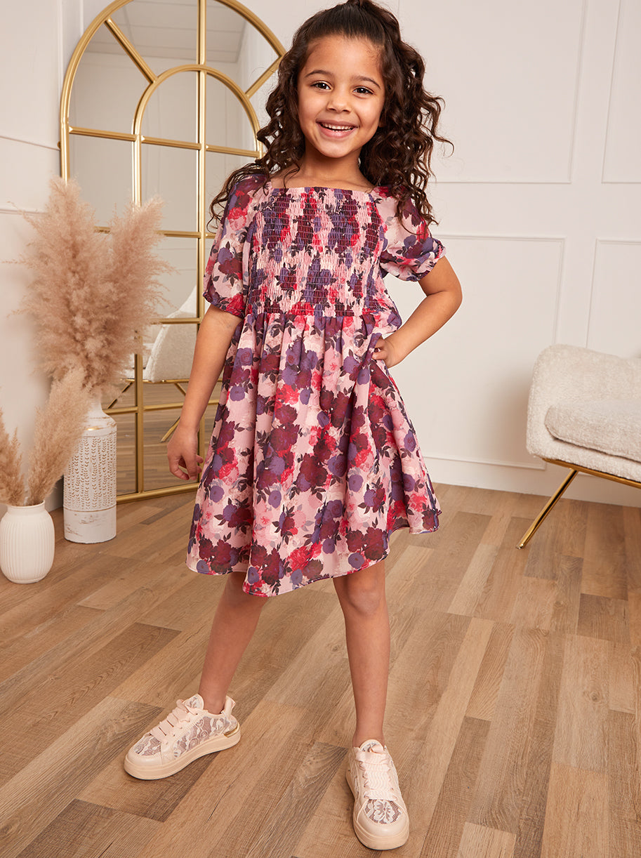 Younger Girls Shirred Bodice Floral Midi Dress in Pink