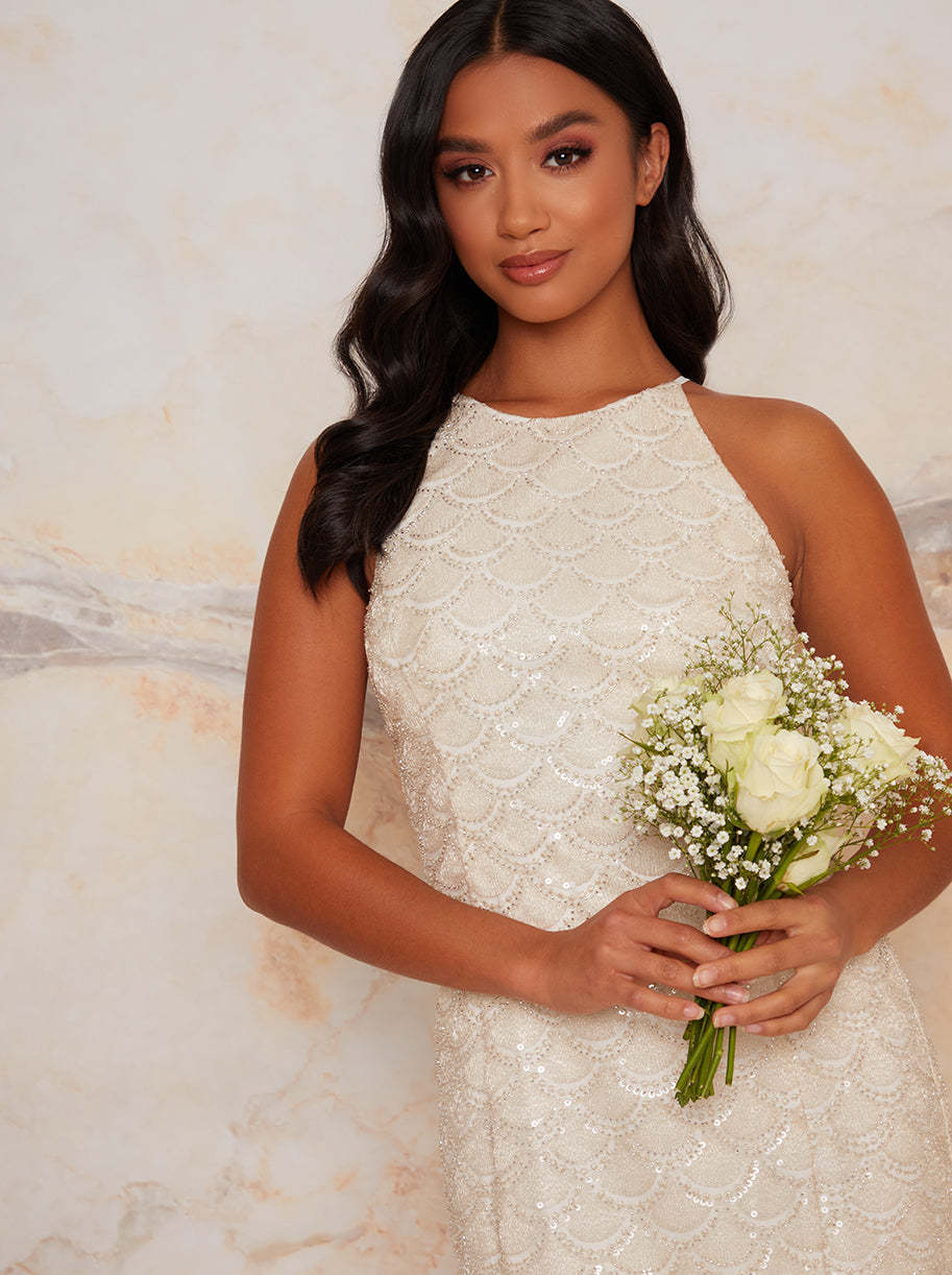 Petite Bridal Halter Embellished Wedding Dress in Ivory