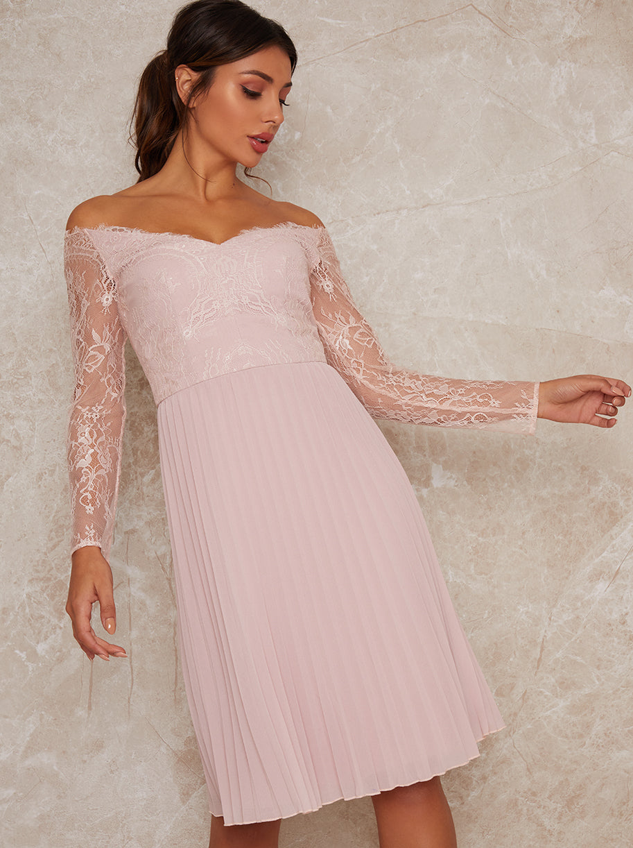 Lace Bardot Midi Dress In Pink