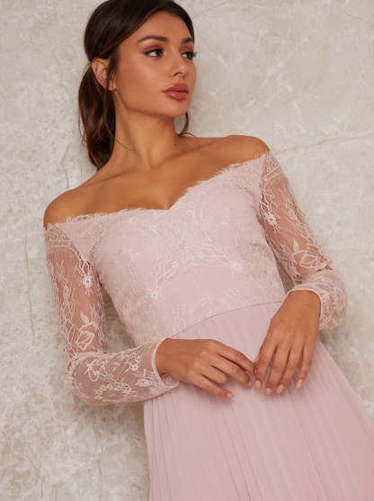 Lace Bardot Midi Dress In Pink