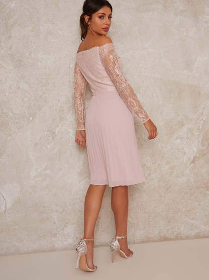 Lace Bardot Midi Dress In Pink