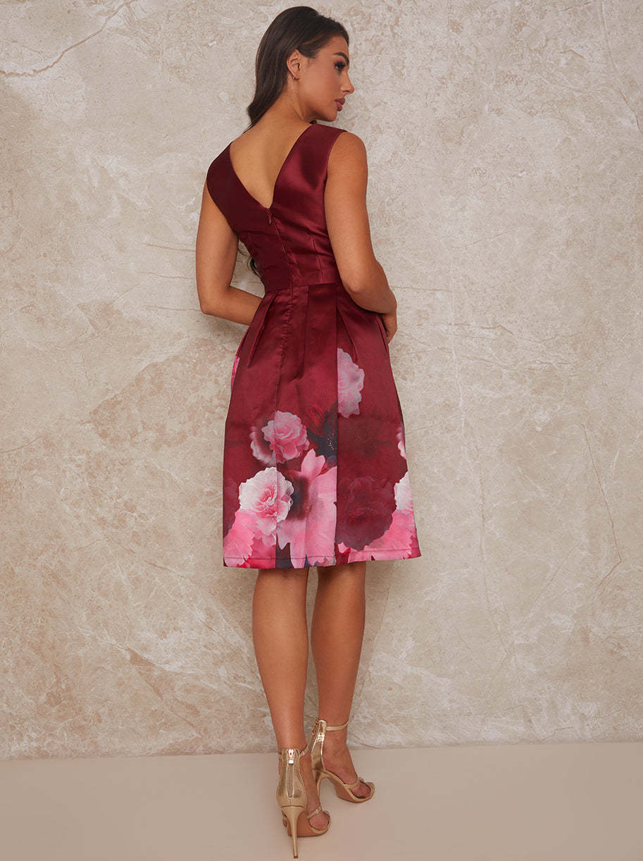 V Neck Floral Print Midi Dress in Dark Red
