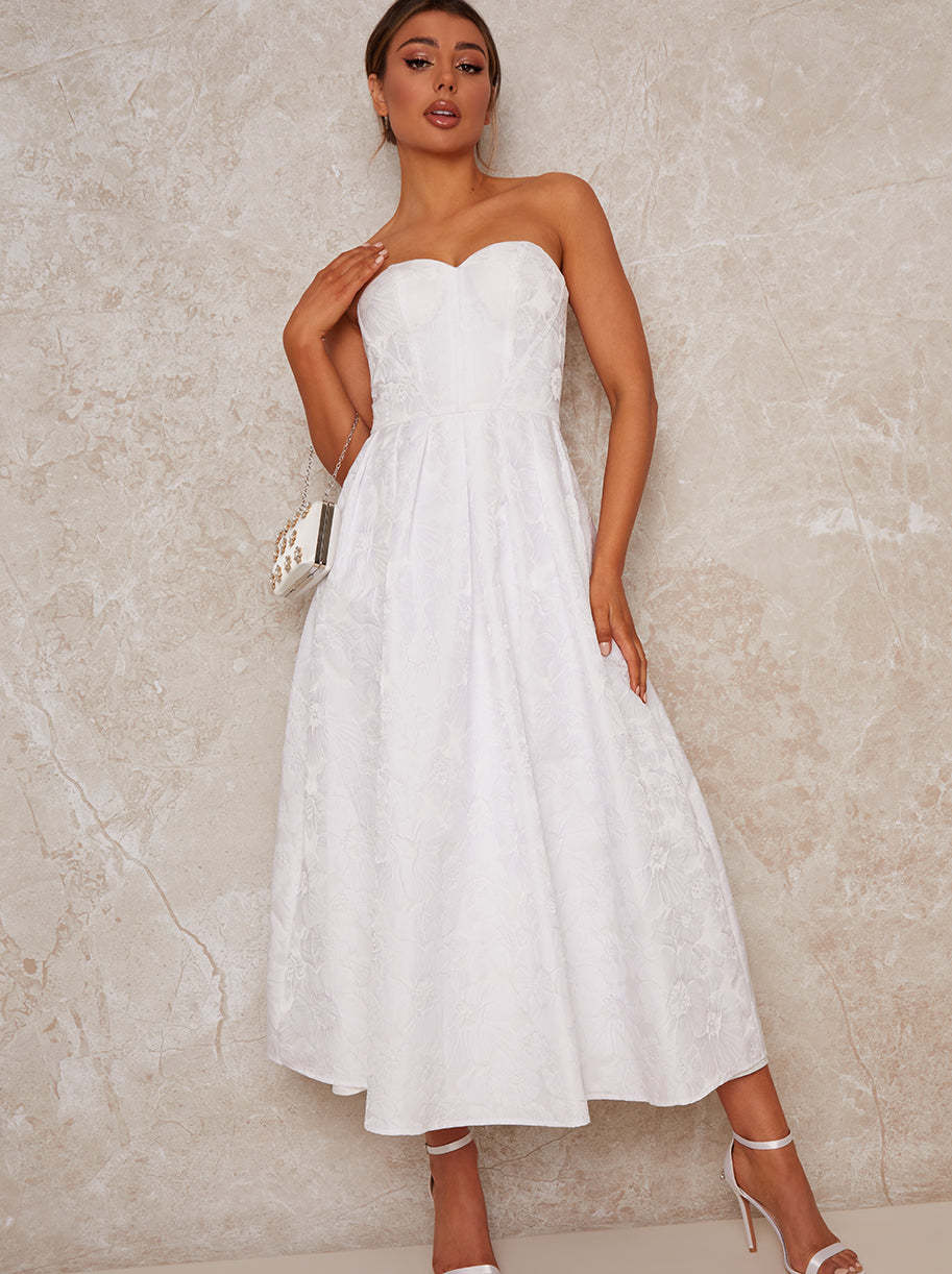 Bridal Strapless Floral Jacquard Midi Dress in White