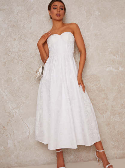 Bridal Strapless Floral Jacquard Midi Dress in White