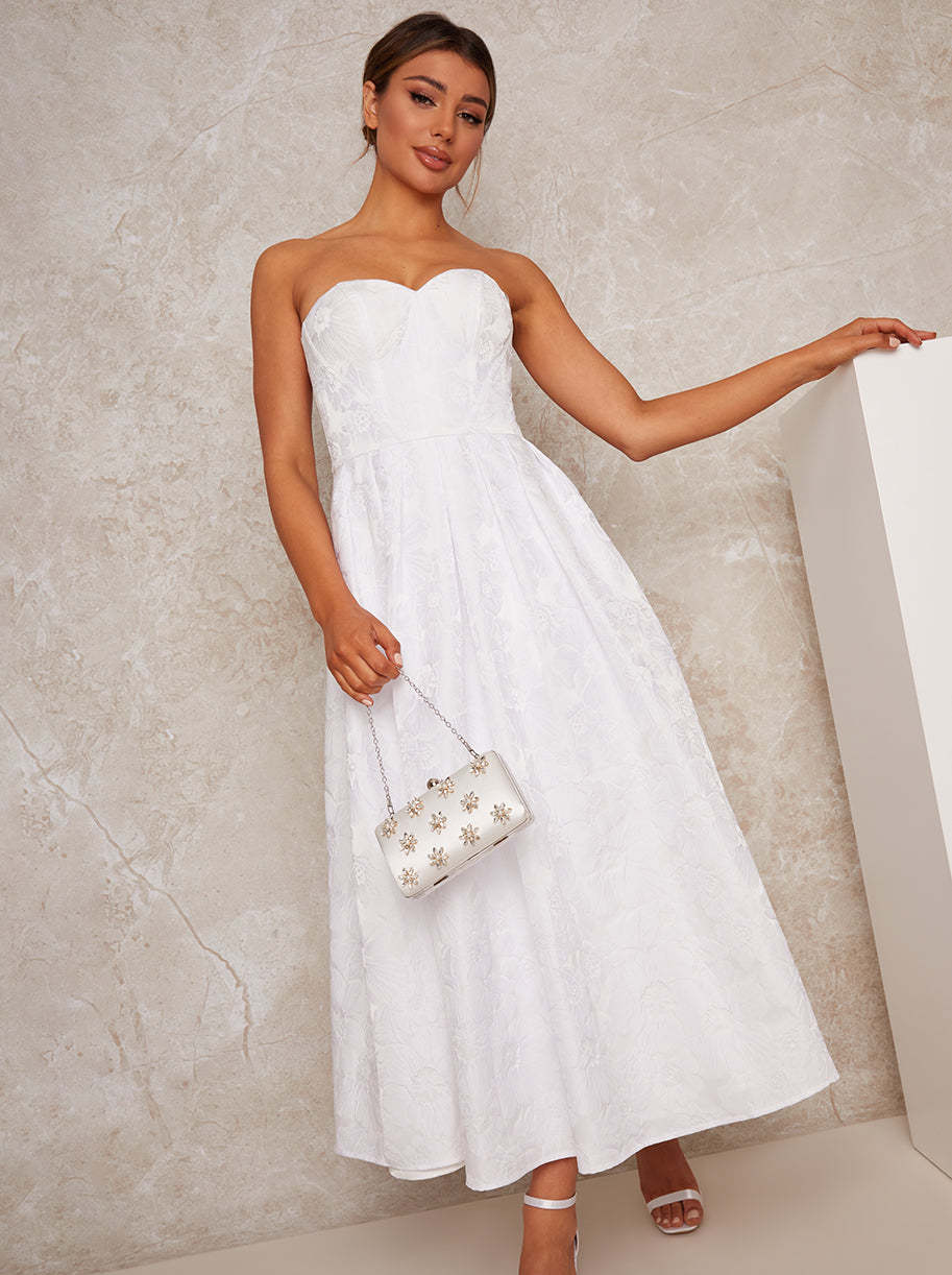Bridal Strapless Floral Jacquard Midi Dress in White