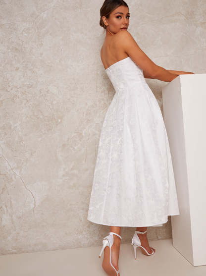 Bridal Strapless Floral Jacquard Midi Dress in White