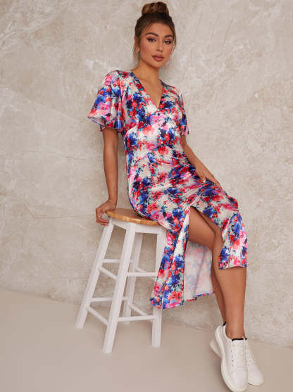 Flutter Sleeve Floral Print Midi Day Dress in White