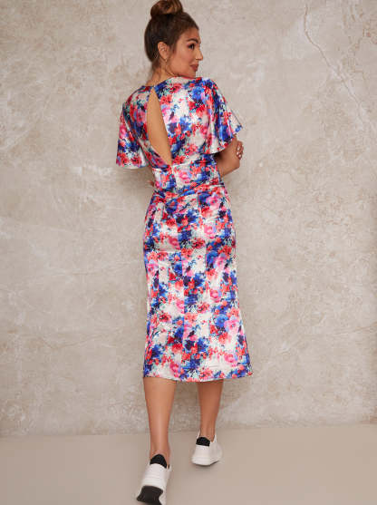 Flutter Sleeve Floral Print Midi Day Dress in White