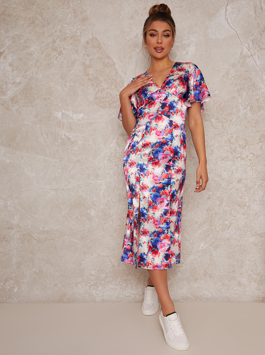 Flutter Sleeve Floral Print Midi Day Dress in White