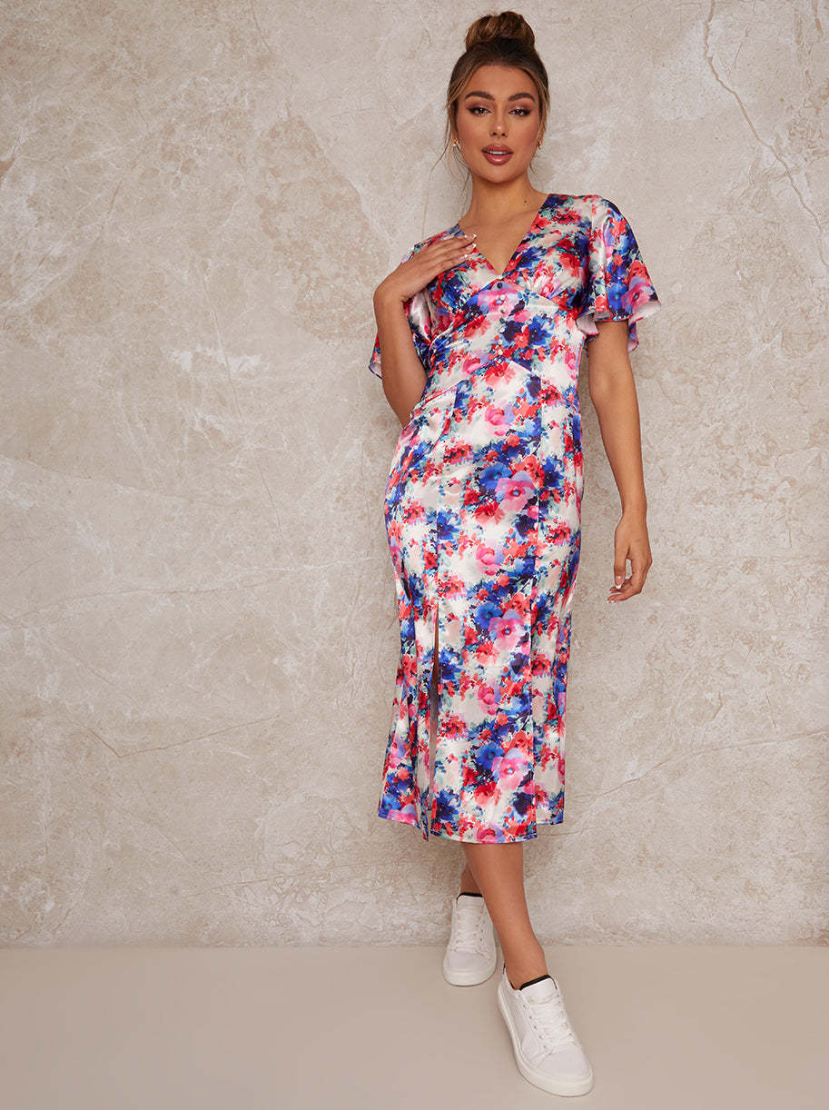 Flutter Sleeve Floral Print Midi Day Dress in White