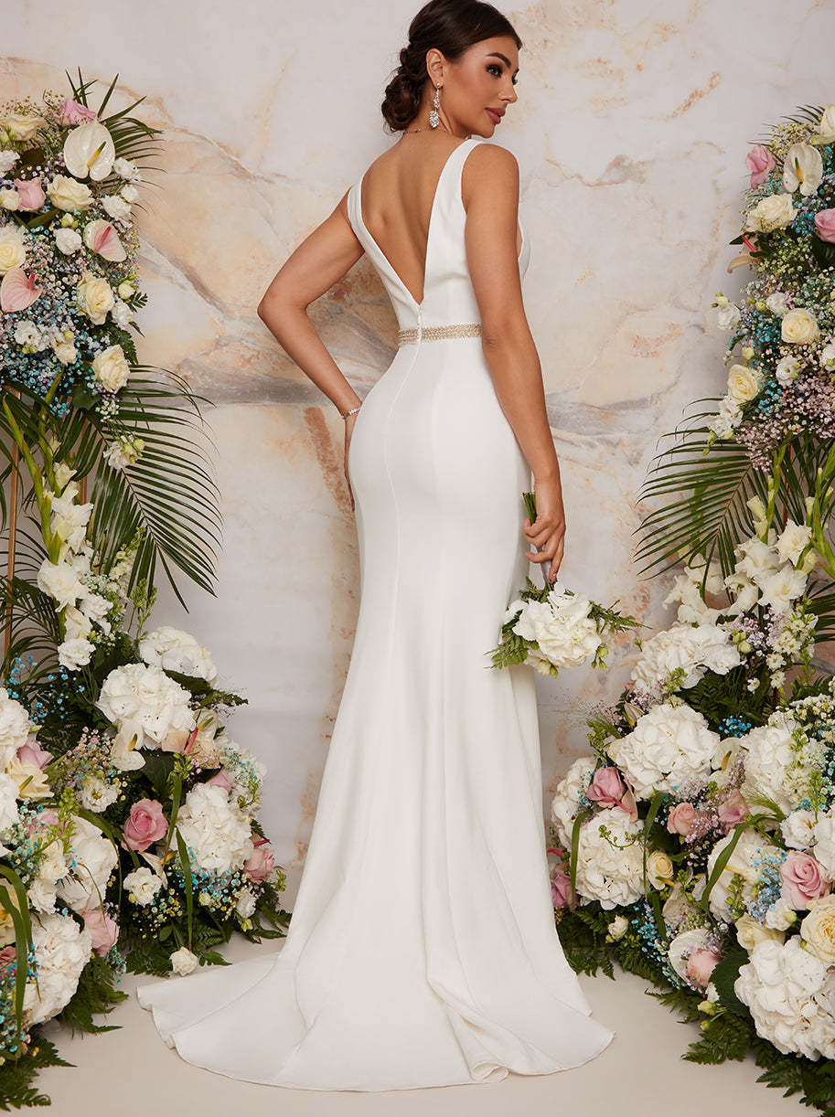 Sleeveless Plunge Wedding Dress with Embellishment in White