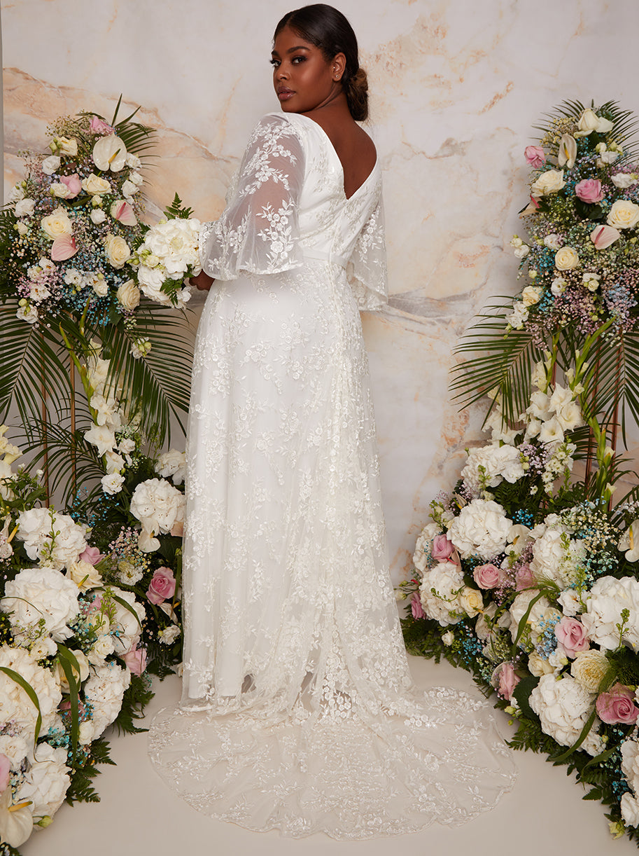 Plus Size Flutter Sleeve Backless Lace Bridal Wedding Dress in White Chi Chi London UK