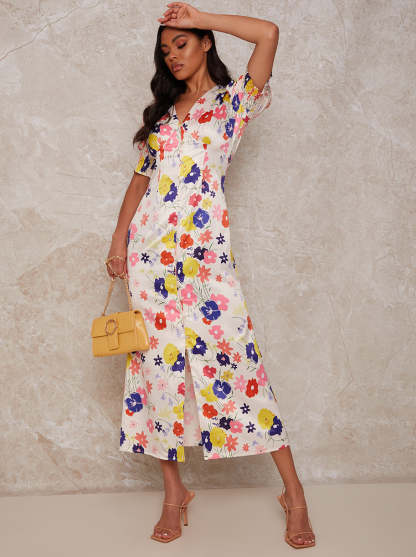 Floral Print Midi Day Dress with Puff Sleeve in Cream