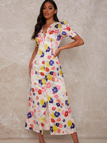 Floral Print Midi Day Dress with Puff Sleeve in Cream
