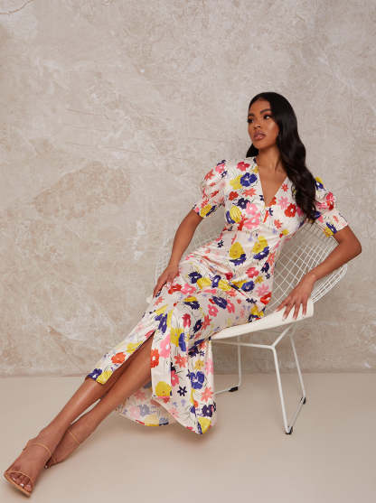 Floral Print Midi Day Dress with Puff Sleeve in Cream