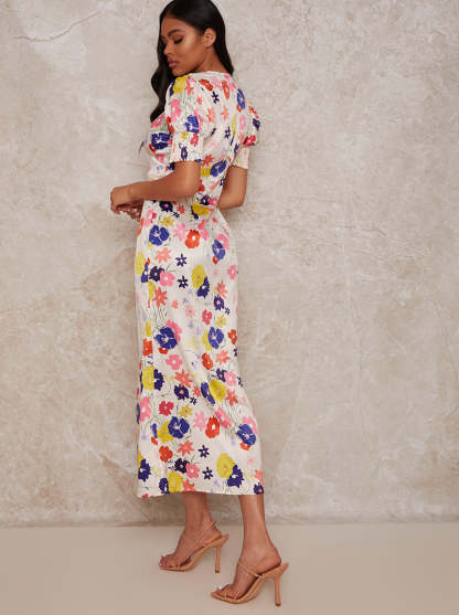 Floral Print Midi Day Dress with Puff Sleeve in Cream