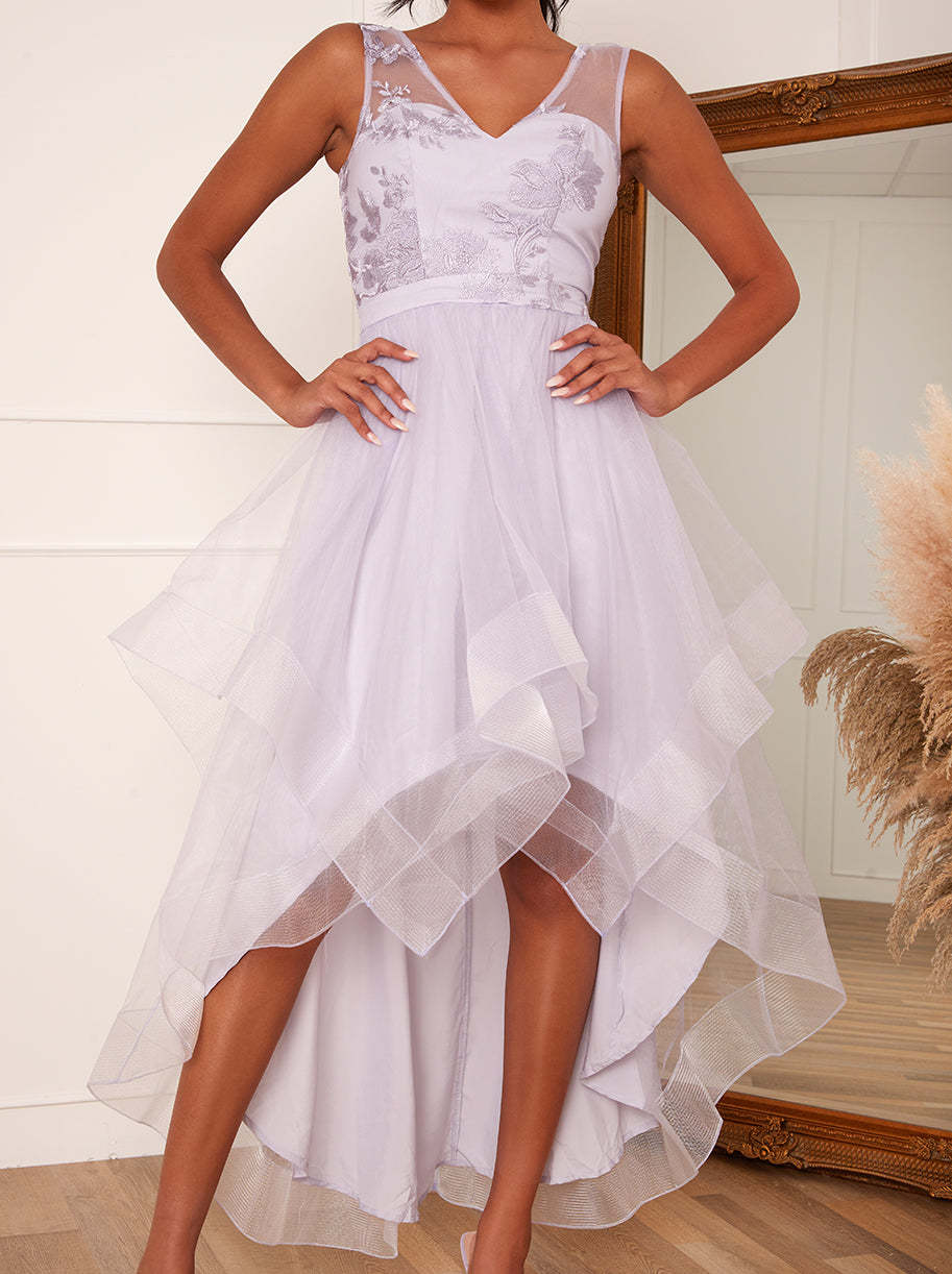 V Neck Mesh Skirt Dip Hem Midi Dress in Purple