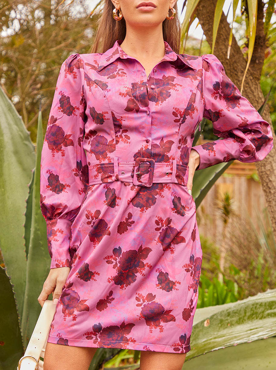 Floral Print Shirt Dress in Pink