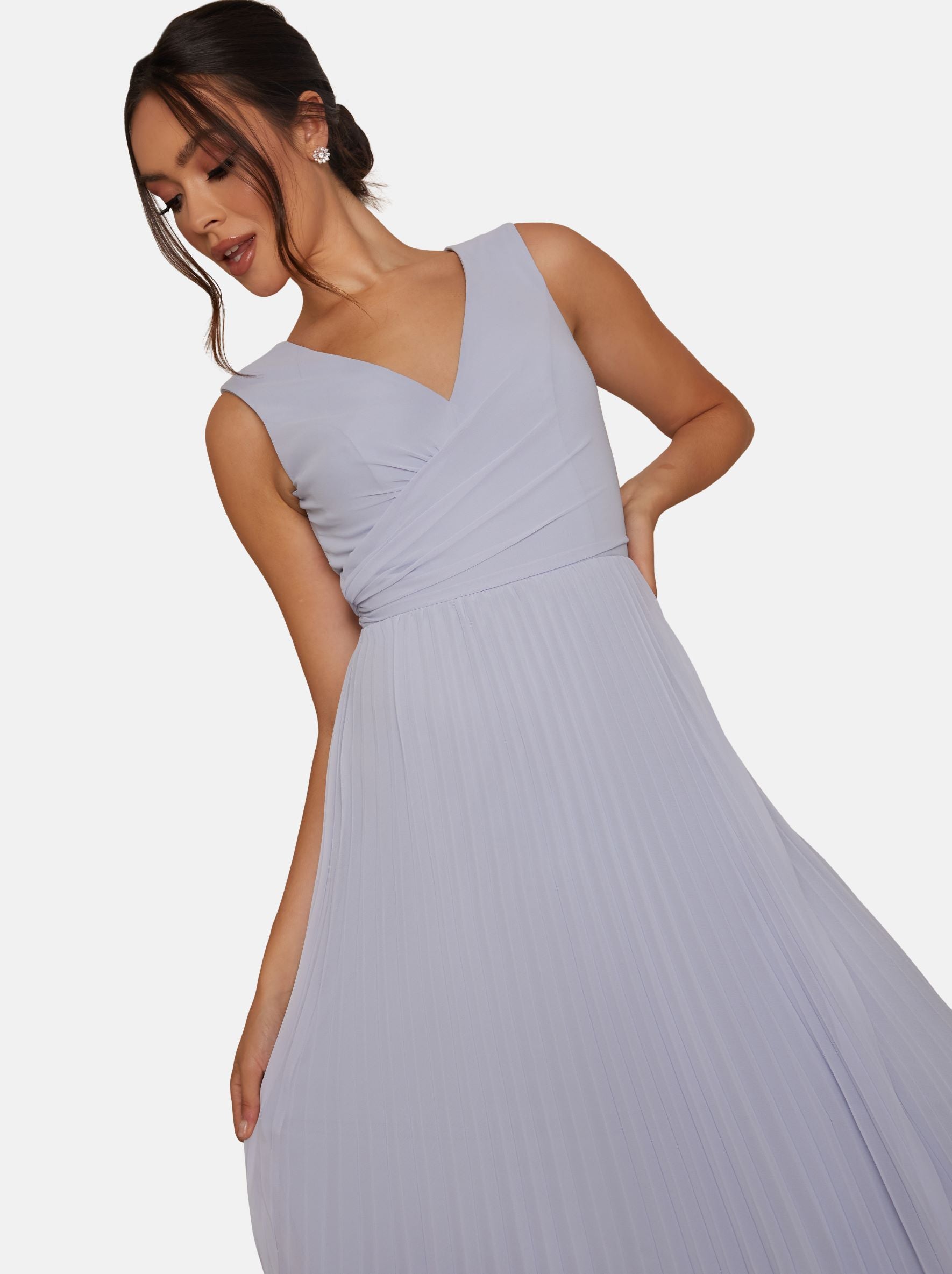 V Neck Pleated Maxi Dress in Blue