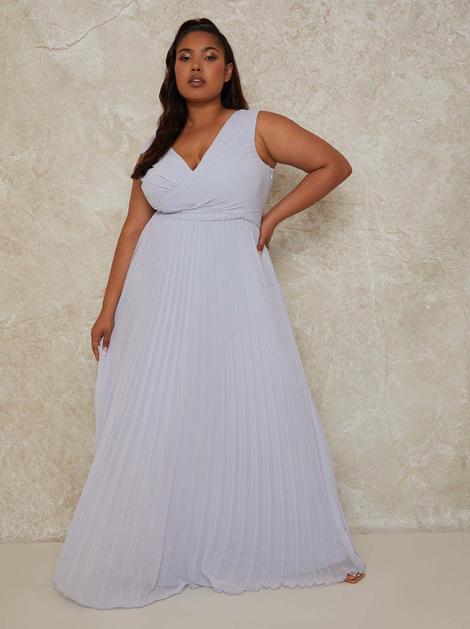 Plus Size V Neck Pleated Maxi Dress in Blue