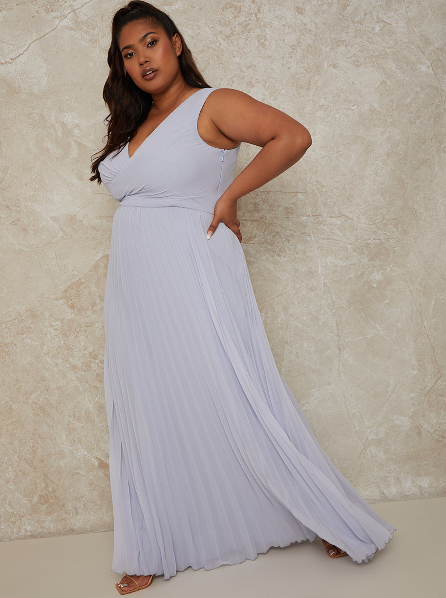 Plus Size V Neck Pleated Maxi Dress in Blue Chi Chi London UK