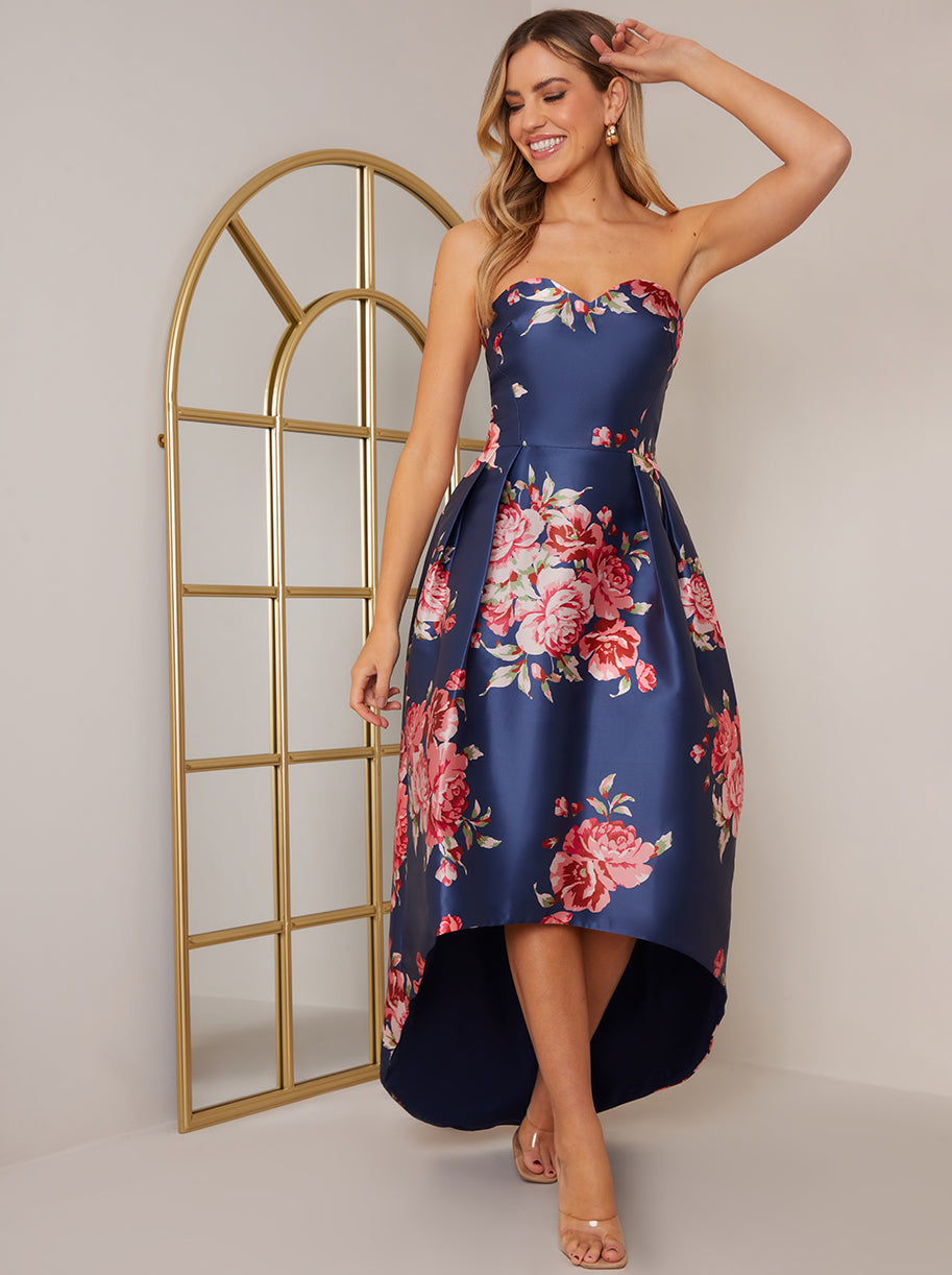 Strapless Floral Print Dip Hem Dress in Navy Chi Chi London