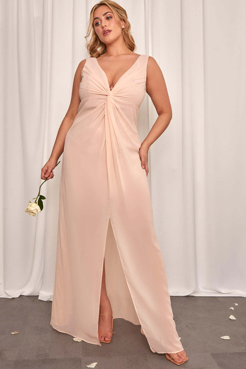 Plus Size Knot Detail Maxi Dress in Champagne Chi Chi London