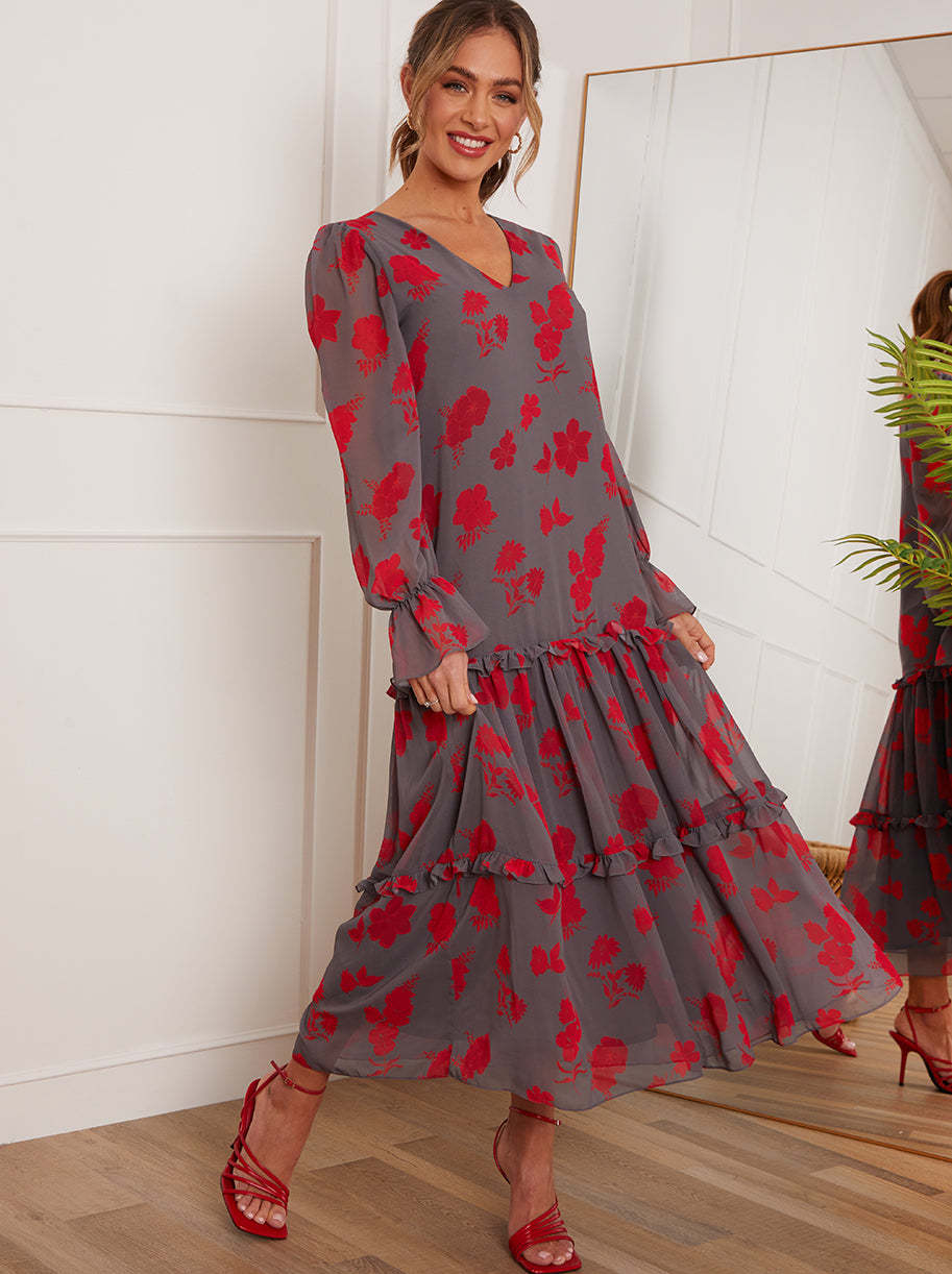 Long Sleeve Floral Printed Midi Dress in Grey