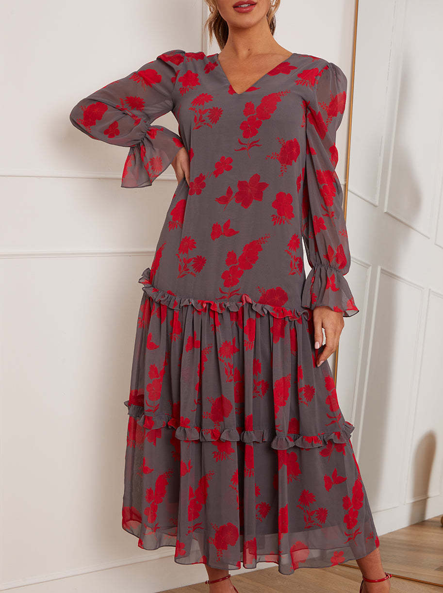 Long Sleeve Floral Printed Midi Dress in Grey