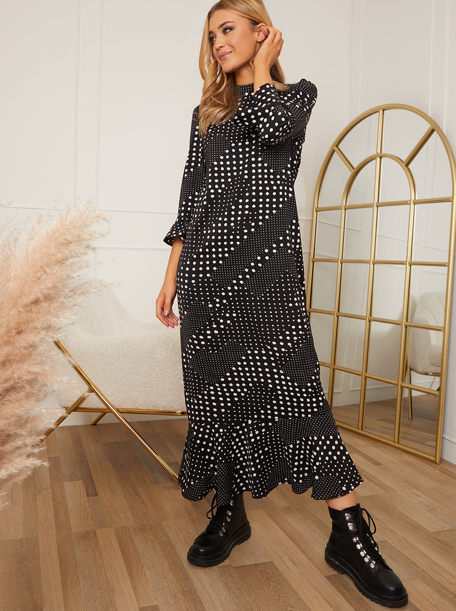 Polka Dot Print Midi Dress in Black