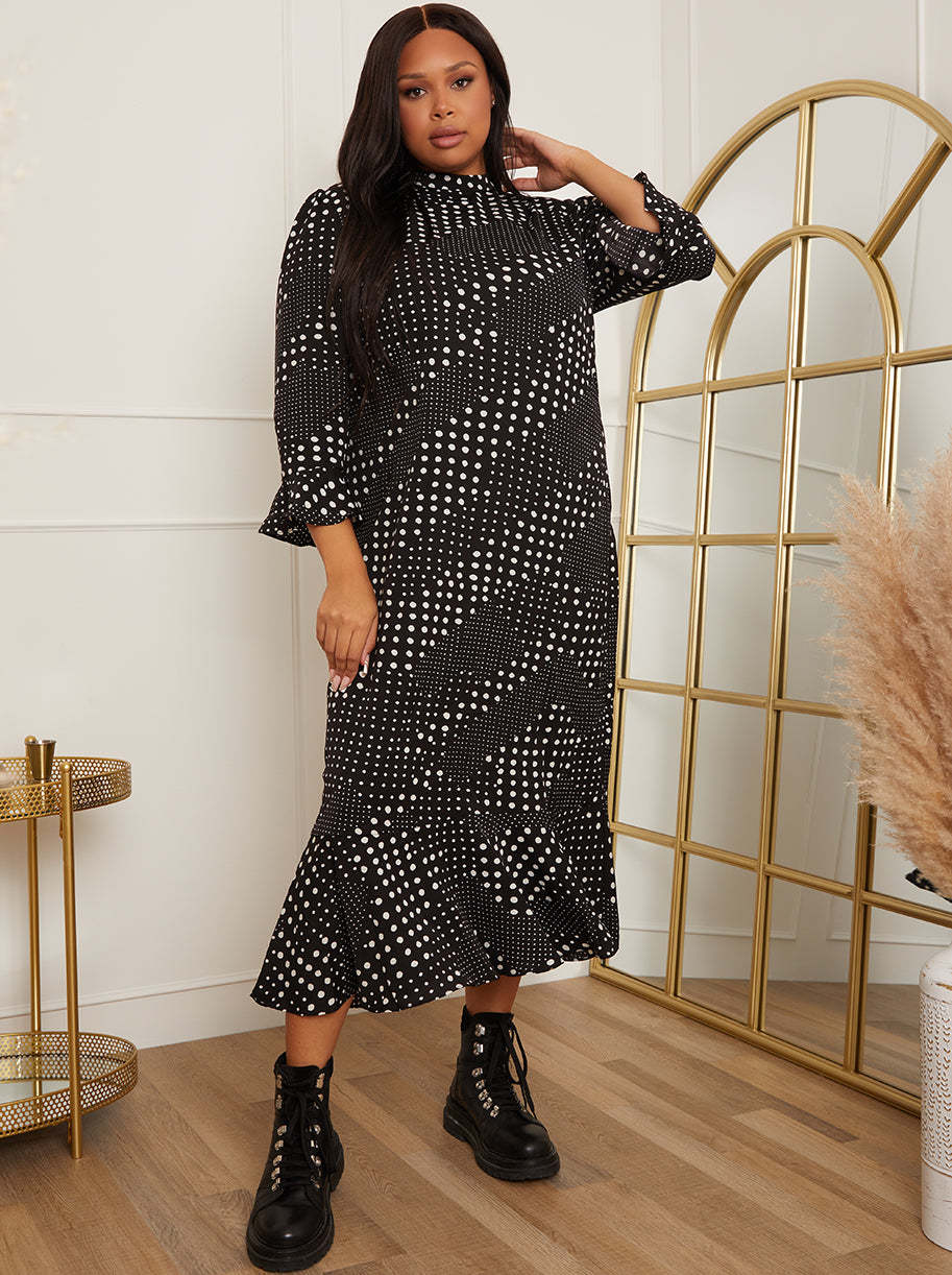 Plus Size Polka Dot Print Midi Dress in Black