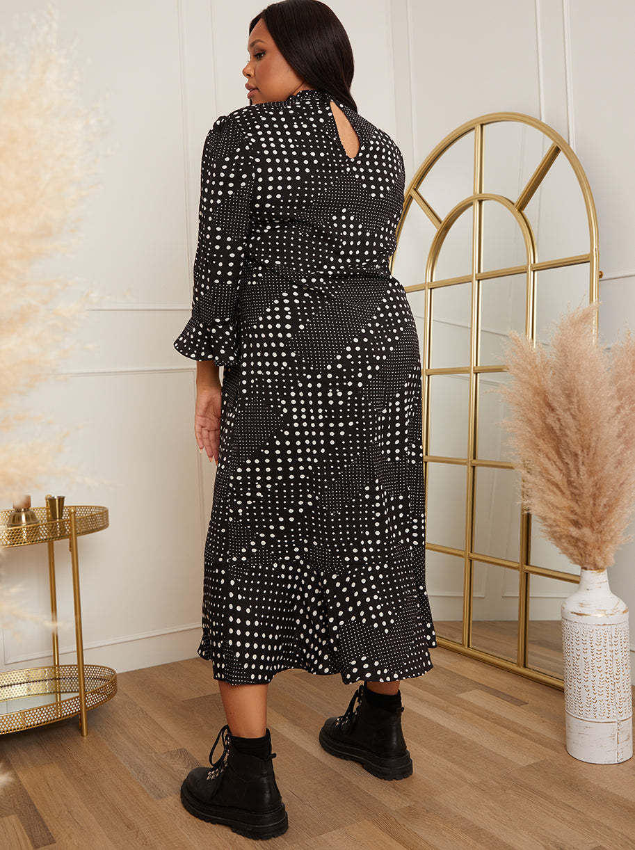Plus Size Polka Dot Print Midi Dress in Black